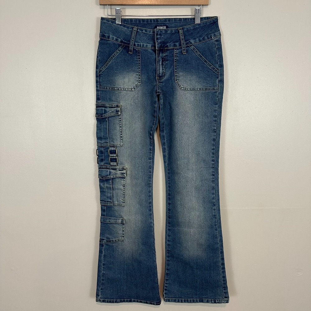 Bongo Cargo Jeans Blue VTG Y2K 90s Denim Stretch Mid Rise Flared Leg Womens 7